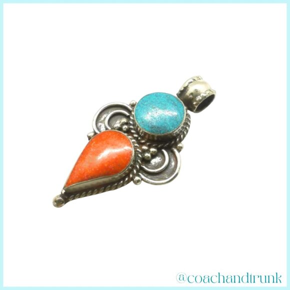 Turquoise Coral Inlay Natural Artisan Handcrafted Ornate Metal Work Pendant Only - Picture 2 of 3